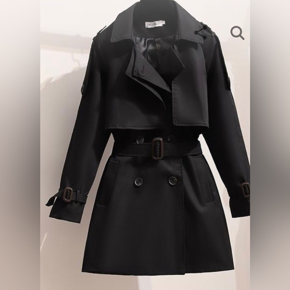 Double breast black dark academia style trench coat with belted waist and sleeve